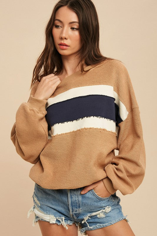 Women's Sweaters - Winnie Sweatshirt - TAN/IVORY/NAVY - Cultured Cloths Apparel