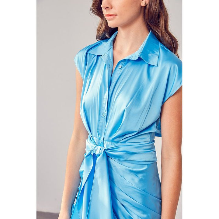 Women's Dresses - COLLAR BUTTON UP FRONT TIE DRESS -  - Cultured Cloths Apparel