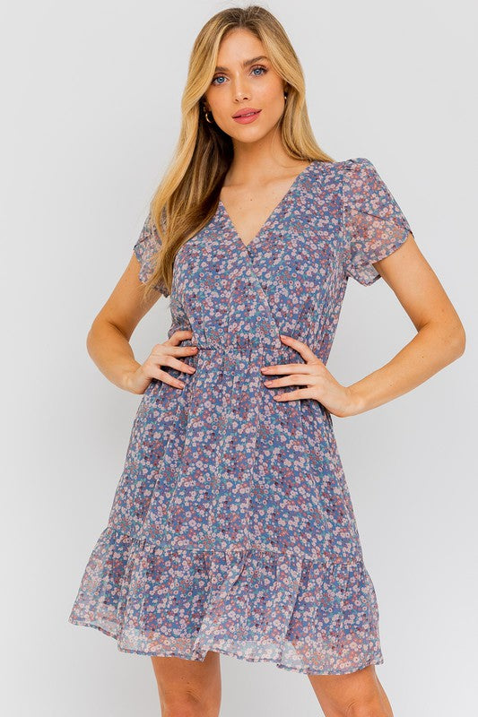  - Puff Sleeve Faux Wrap Mini Dress With Ruffle - DENIM-MULTI DITSY - Cultured Cloths Apparel