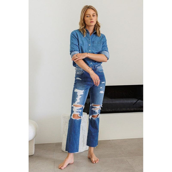 Denim - DISTRESSED HIGH RISE ANKLE RELAXED STRAIGHT -  - Cultured Cloths Apparel