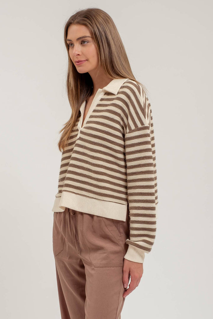 Women's Sweaters - STRIPED COLLARED LONG SLEEVE POLO KNIT TOP -  - Cultured Cloths Apparel