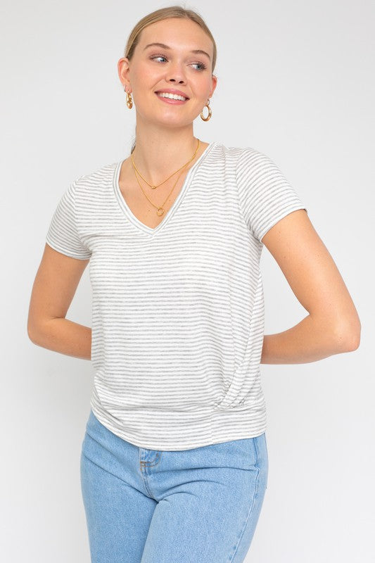 Women's Short Sleeve - Short Sleeve V-Neck Twist Front Top - H GREY-IVORY STRIPE - Cultured Cloths Apparel