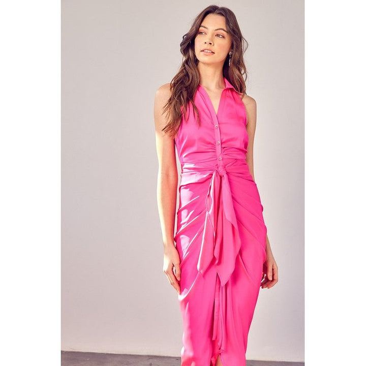 Women's Dresses - SLEEVELESS COLLAR FRONT TIE DRESS - HOT PINK - Cultured Cloths Apparel