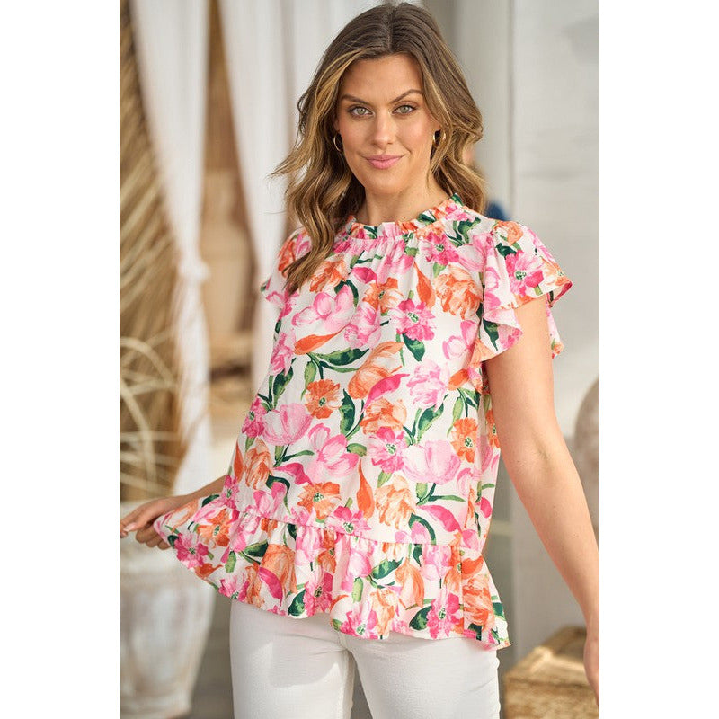 Women's Short Sleeve - Bold Brush Stroke Floral Short Sleeve Top -  - Cultured Cloths Apparel