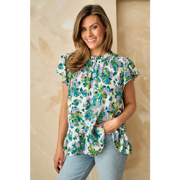 Women's Short Sleeve - Bold Brush Stroke Floral Short Sleeve Top - Teal - Cultured Cloths Apparel