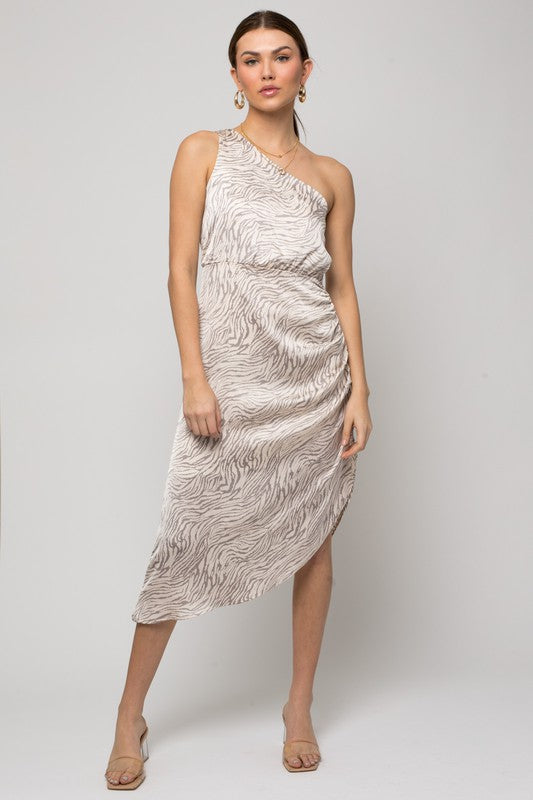  - Sleeveless One shoulder Abstract Print Dress - CREAM-GREY ABSTRACT - Cultured Cloths Apparel