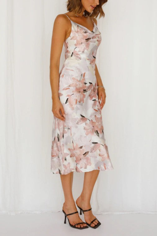  - Floral Print Satin Midi Dress -  - Cultured Cloths Apparel