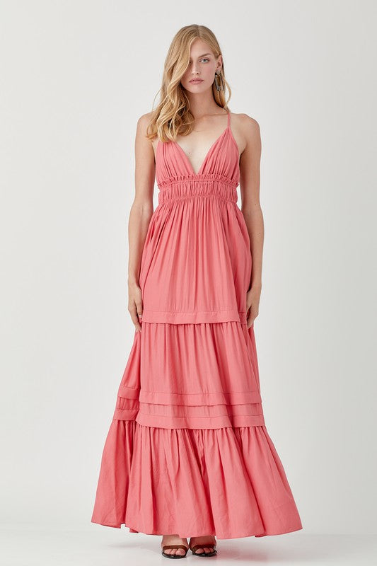 Women's Dresses - Shirred Ruffle Folded Detail Maxi Dress - ROSE - Cultured Cloths Apparel