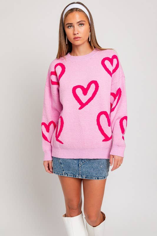 Women's Sweaters - Long Sleeve Round Neck Heart Printed Sweater -  - Cultured Cloths Apparel