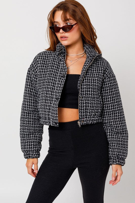 Outerwear - Tweed Crop Puffer Jacket -  - Cultured Cloths Apparel