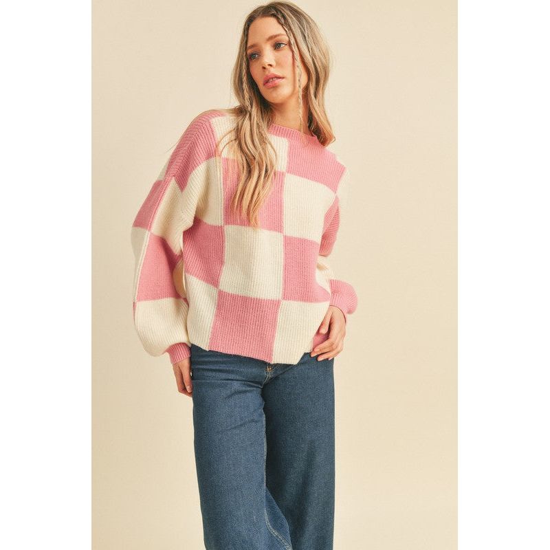 Women's Sweaters - All Checkered Up! Sweater - Cool Pink - Cultured Cloths Apparel