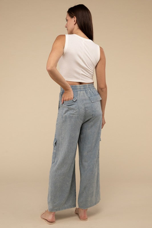 Denim - Washed Linen Elastic Band Waist Cargo Pants -  - Cultured Cloths Apparel