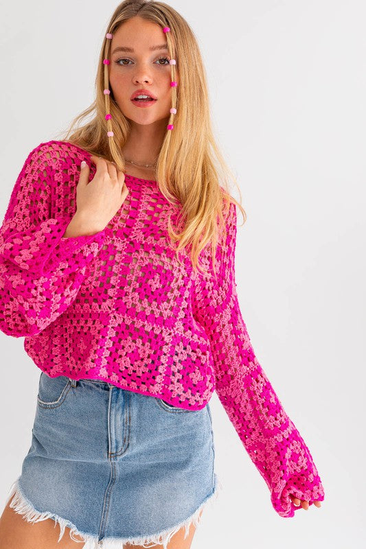  - Long Sleeve Crochet Top - PINK-FUCHSIA - Cultured Cloths Apparel