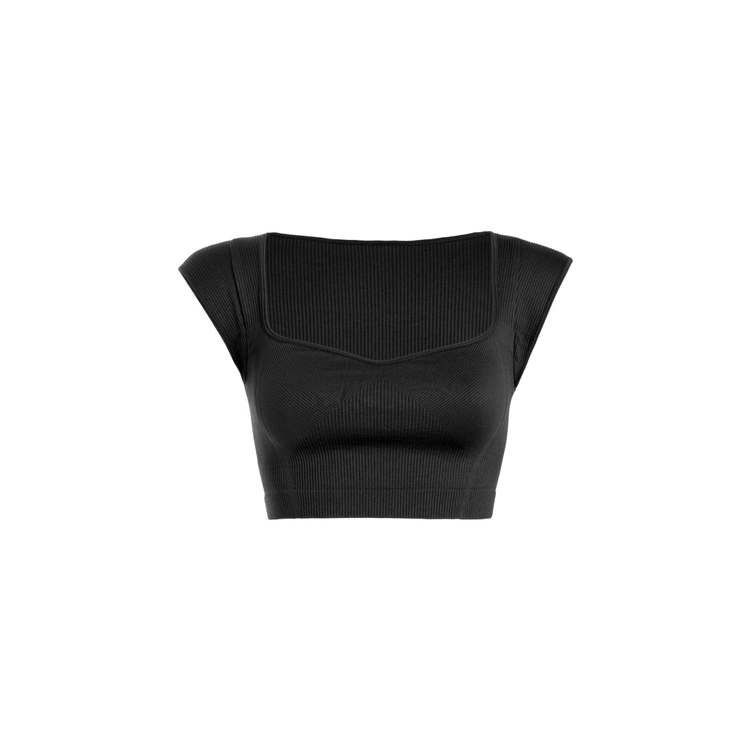 Athleisure - Ribbed Curved V-Neck Cap sleeve Top - Black - Cultured Cloths Apparel