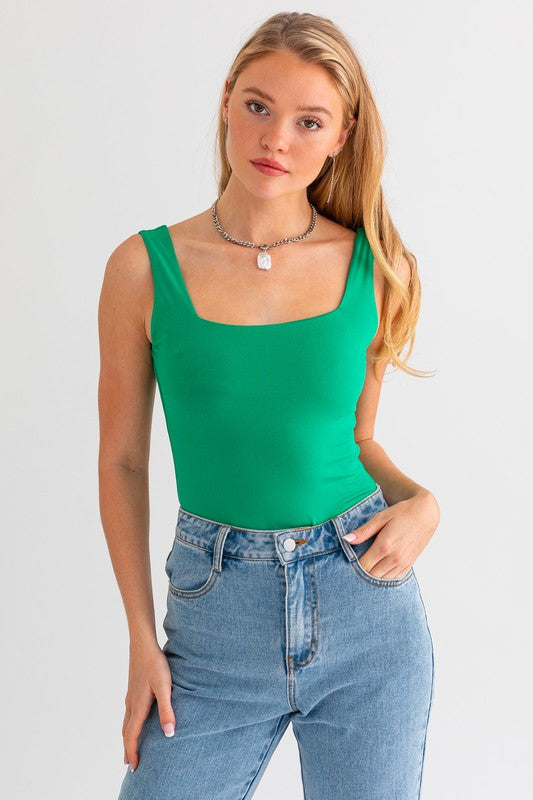 Women's Sleeveless - Square Neck Tank Bodysuit - KELLY GREEN - Cultured Cloths Apparel