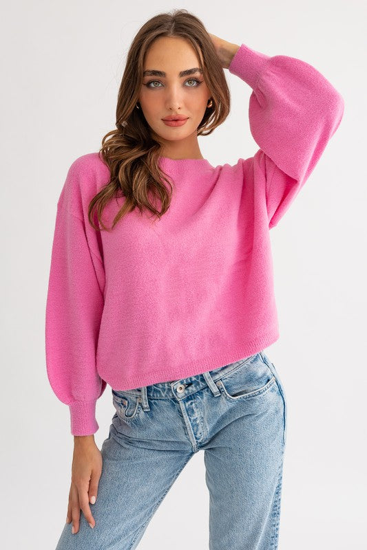 Women's Sweaters - Fuzzy Sweater with Back Ruching - PINK - Cultured Cloths Apparel