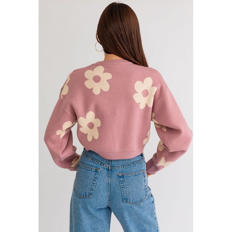 Women's Sweaters - LONG SLEEVE CROP SWEATER WITH DAISY PATTERN -  - Cultured Cloths Apparel