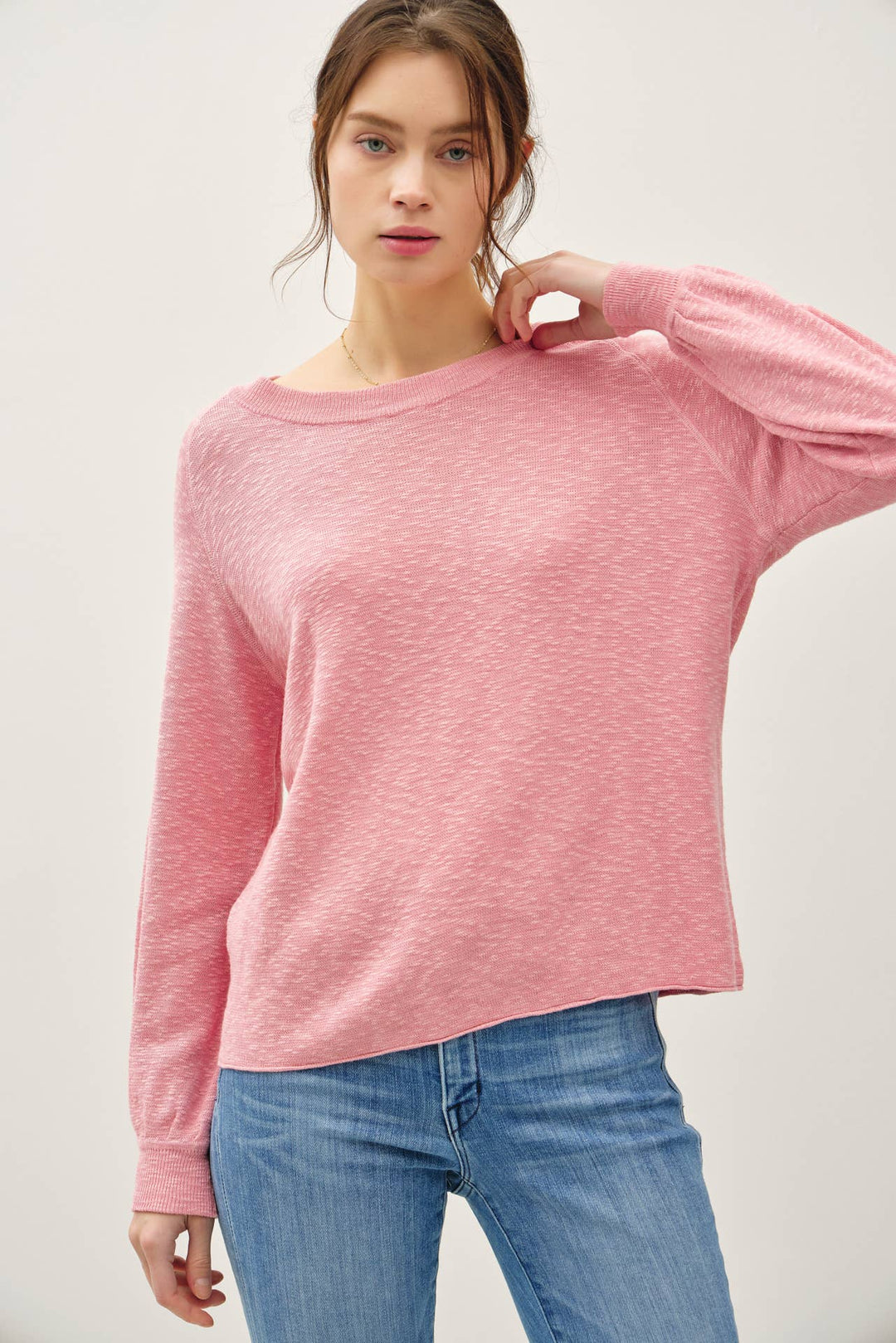 Women's Sweaters - RAGLAN LONG SLEEVE PULLOVER SLUB YARN KNIT SWEATER - Pink - Cultured Cloths Apparel