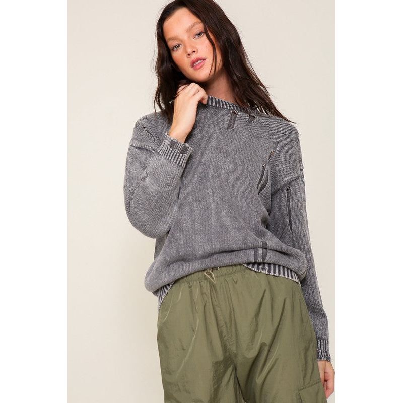 Women's Sweaters - Mineral Wash Distressed Sweater - Charcoal - Cultured Cloths Apparel