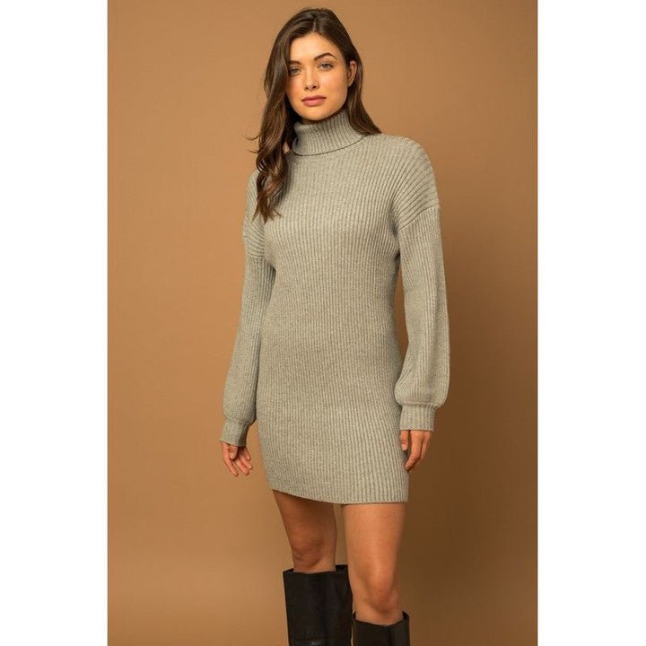 Women's Dresses - Turtle Neck Balloon Sleeve Sweater Dress - H GREY - Cultured Cloths Apparel