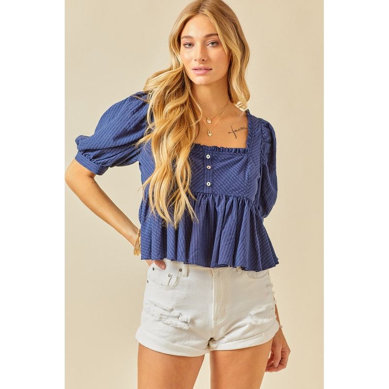 Women's Short Sleeve - Ruffle Detail Striped Babydoll Top - Navy - Cultured Cloths Apparel