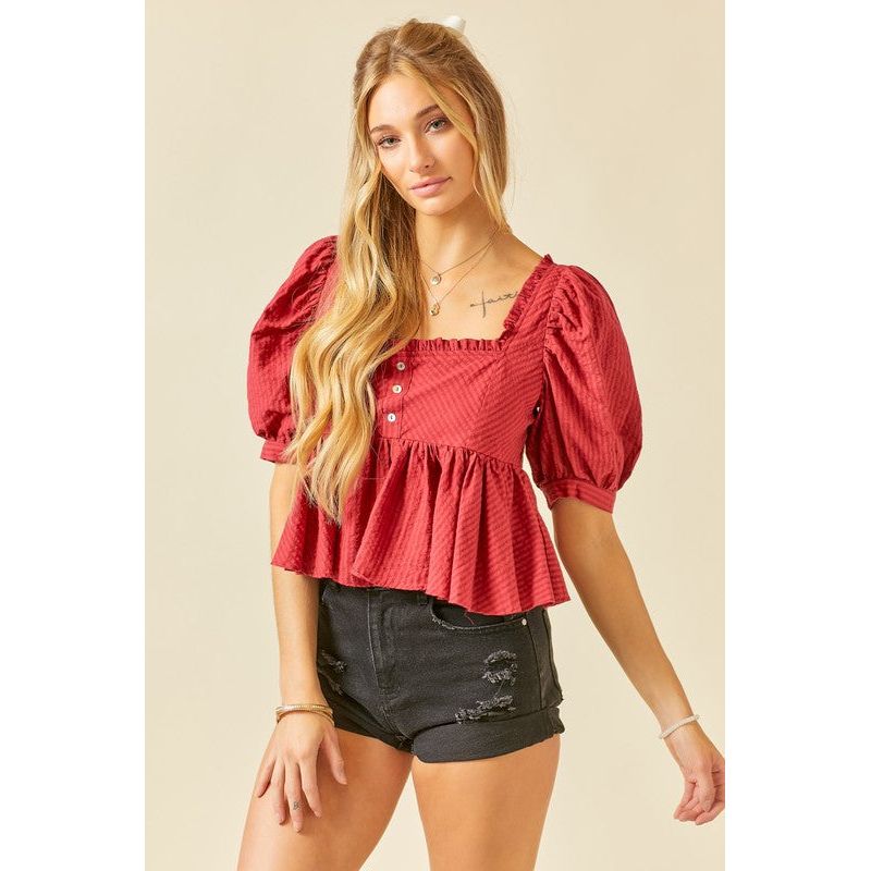 Women's Short Sleeve - Ruffle Detail Striped Babydoll Top -  - Cultured Cloths Apparel