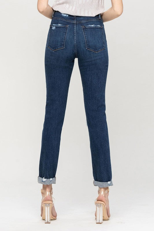 Denim - Distressed Roll Up Stretch Mom Jeans -  - Cultured Cloths Apparel