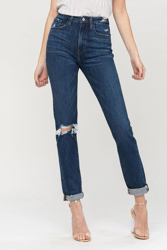 Denim - Distressed Roll Up Stretch Mom Jeans - MODERN LOVE - Cultured Cloths Apparel