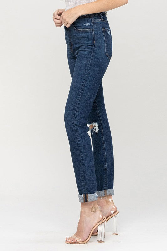 Denim - Distressed Roll Up Stretch Mom Jeans -  - Cultured Cloths Apparel