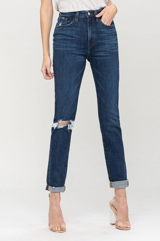 Denim - Distressed Roll Up Stretch Mom Jeans -  - Cultured Cloths Apparel