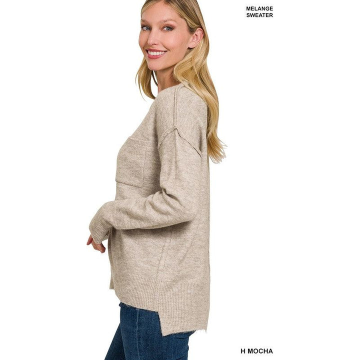 Women's Sweaters - MELANGE HI-LOW HEM ROUND NECK SWEATER -  - Cultured Cloths Apparel