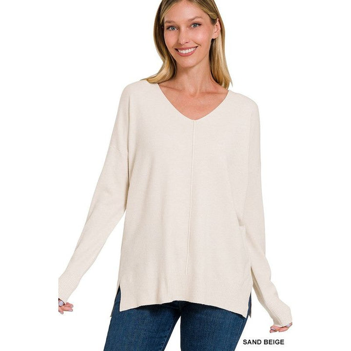 Women's Sweaters - GARMENT DYED FRONT SEAM SWEATER - SAND BEIGE - Cultured Cloths Apparel