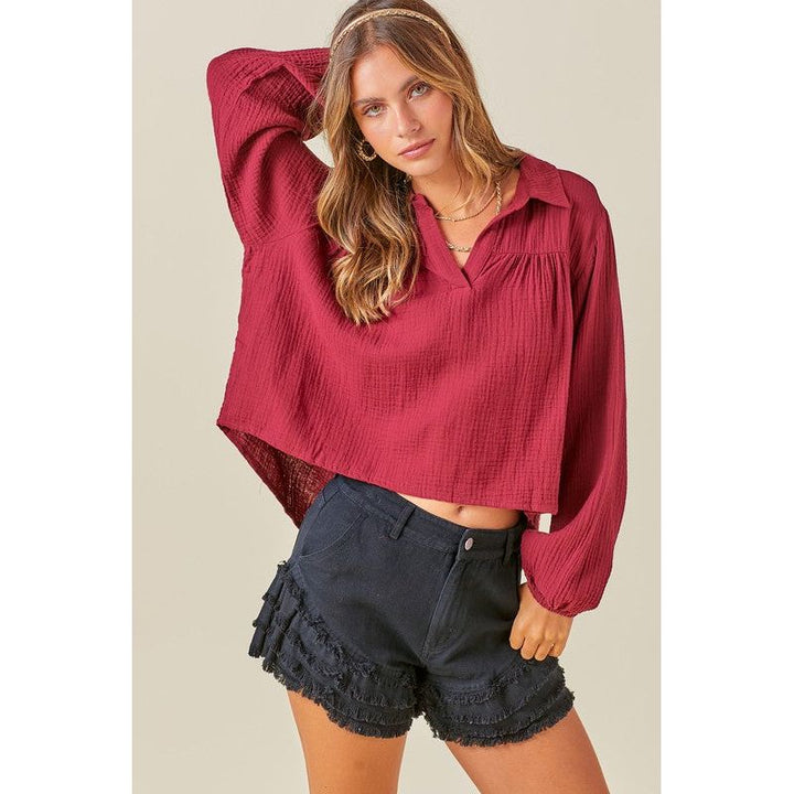 Women's Long Sleeve - Cotton Gauze Long Sleeve Blouse - Wine - Cultured Cloths Apparel