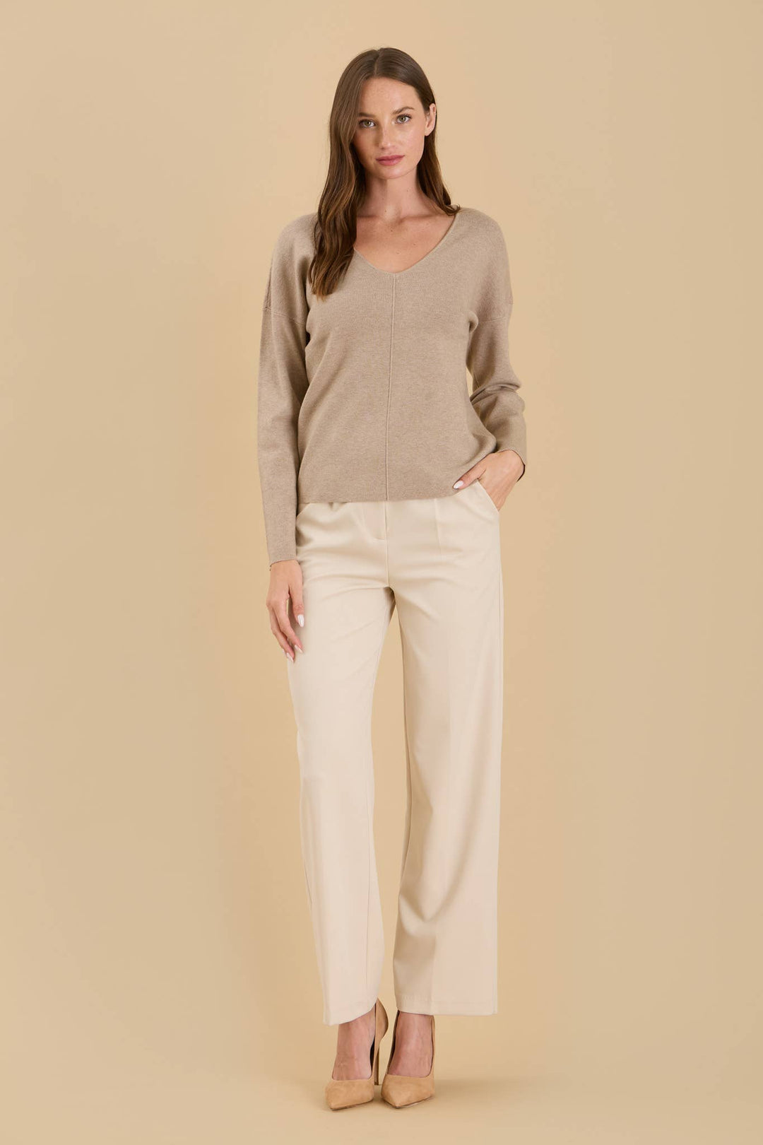 Women's Sweaters - SOLID V NECK FRONT SEAM KNIT SWEATER - MOCHA - Cultured Cloths Apparel