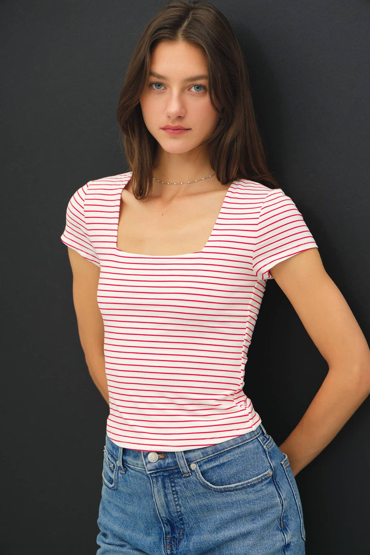 Women's Short Sleeve - ULTRA SOFT DOUBLE LINED STRIPED SQUARE NECK TOP - - Cultured Cloths Apparel