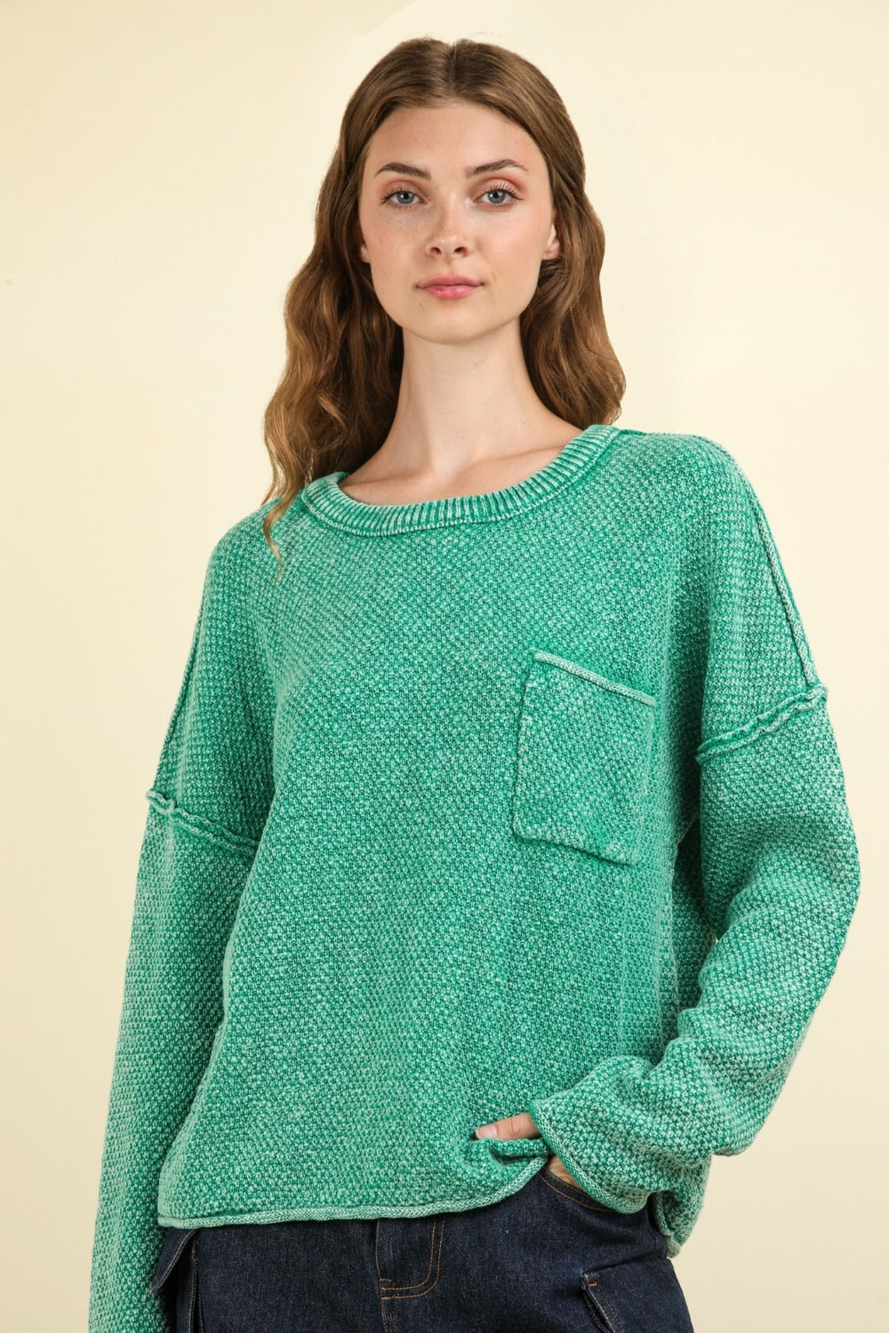 Women's Sweaters - VERY J Mineral Washed Exposed Seam Sweater - Kelly Green - Cultured Cloths Apparel