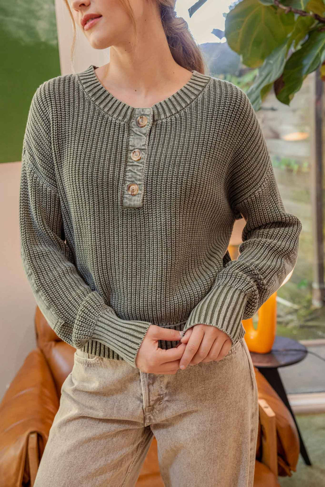 Women's Sweaters - WASHED HENLEY CHUNKY KNIT SWEATER - OLIVE - Cultured Cloths Apparel