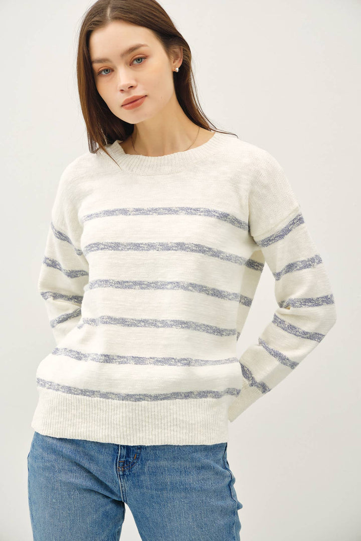 Women's Sweaters - HEATHER STRIPED LONG SLEEVE SWEATER - Denim - Cultured Cloths Apparel