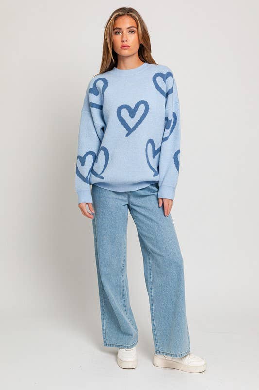 Women's Sweaters - Long Sleeve Round Neck Heart Printed Sweater -  - Cultured Cloths Apparel