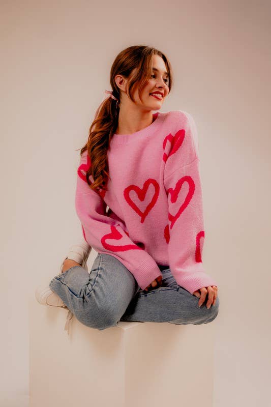 Women's Sweaters - Long Sleeve Round Neck Heart Printed Sweater -  - Cultured Cloths Apparel