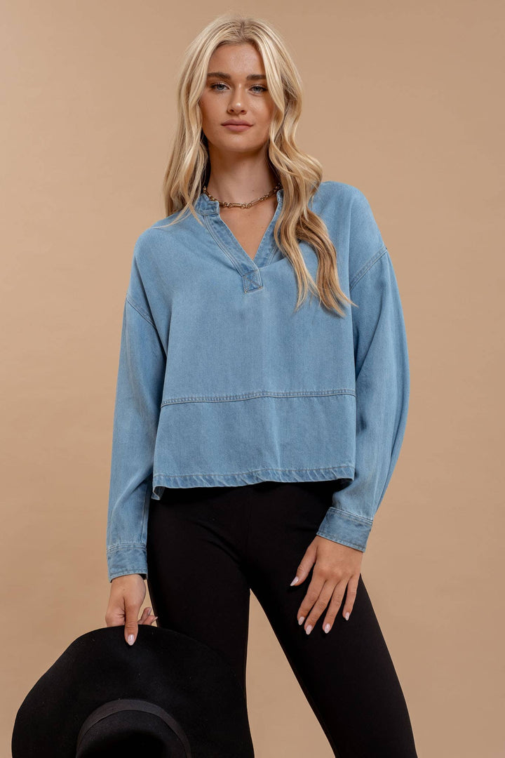 Women's Long Sleeve - DENIM SPLIT NECK LONG SLEEVE SIDE SLIT TOP -  - Cultured Cloths Apparel