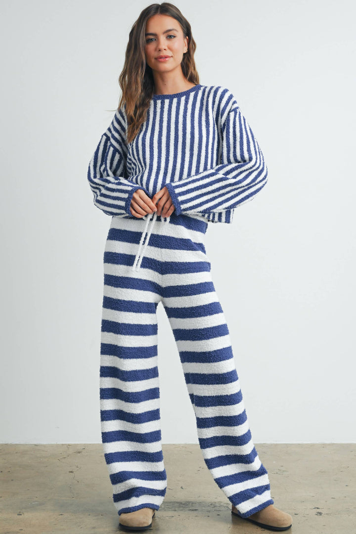 Athleisure - STRIPED DRAWSTRING PANTS - IVORY / NAVY - Cultured Cloths Apparel