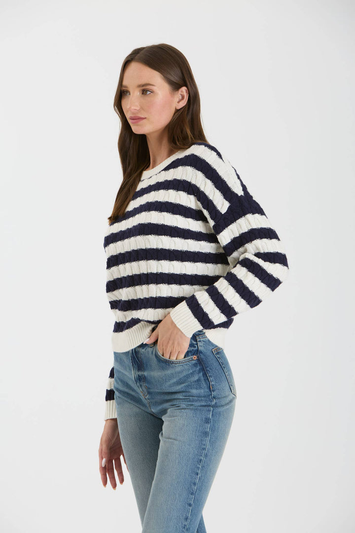 Women's Sweaters - STRIPE CREWNECK CABLE KNIT KNIT SWEATER - NAVY - Cultured Cloths Apparel