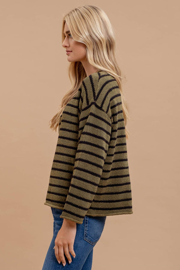 Women's Sweaters - STRIPE BOAT NECK DROP SHOULDER KNIT SWEATER -  - Cultured Cloths Apparel