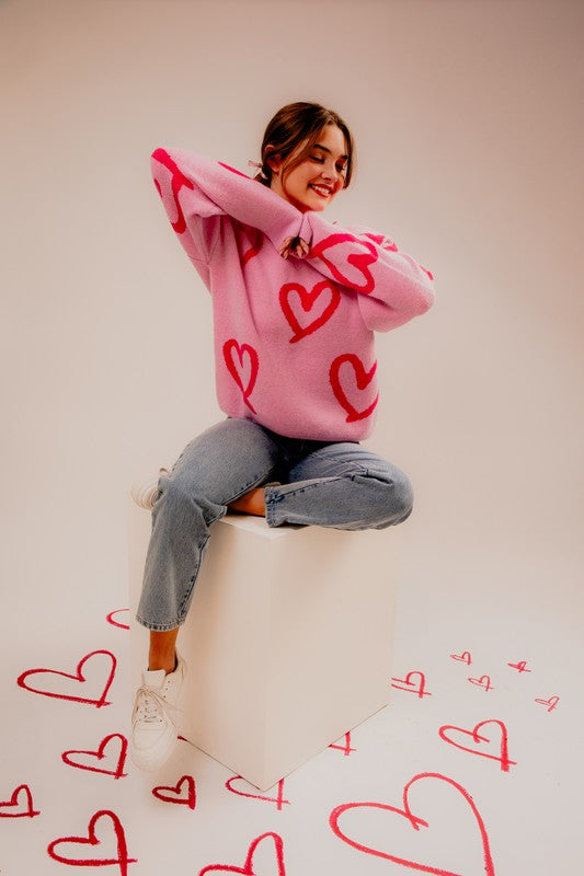 Women's Sweaters - Long Sleeve Round Neck Heart Printed Sweater - PINK-FUCHSIA HEART - Cultured Cloths Apparel