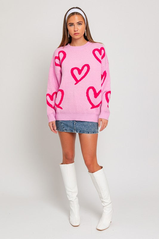 Women's Sweaters - Long Sleeve Round Neck Heart Printed Sweater -  - Cultured Cloths Apparel