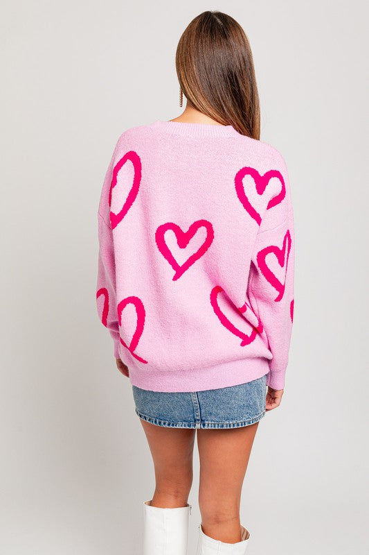 Women's Sweaters - Long Sleeve Round Neck Heart Printed Sweater -  - Cultured Cloths Apparel