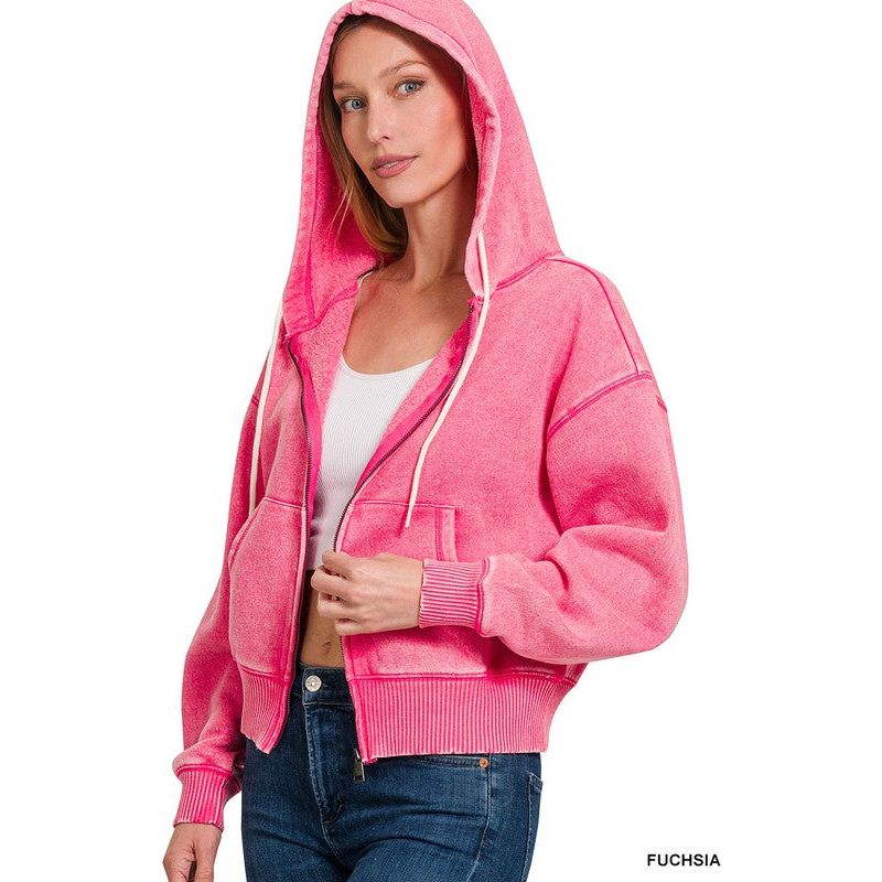 Outerwear - Acid Fleece Washed Cropped Zip Hoodie - Fuschia - Cultured Cloths Apparel