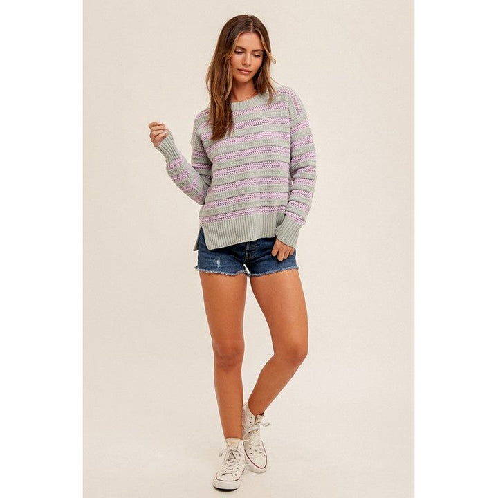 Women's Sweaters - Round Neck High Slit Sides Hole-Knit Sweater -  - Cultured Cloths Apparel