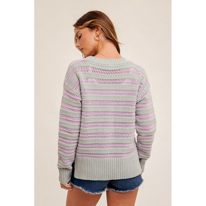 Women's Sweaters - Round Neck High Slit Sides Hole-Knit Sweater -  - Cultured Cloths Apparel